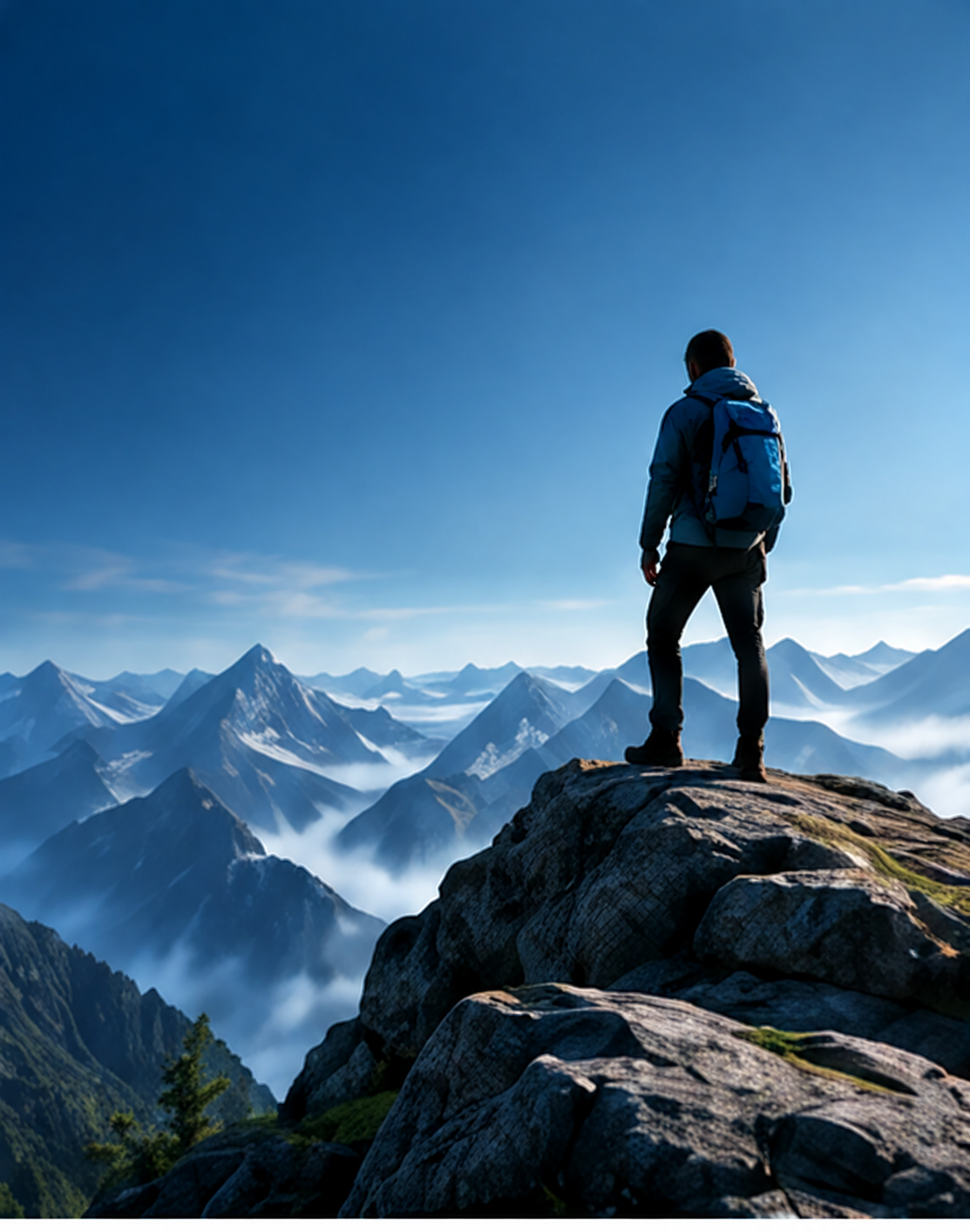 A person overlooking a mountain landscape, representing progress and possibility